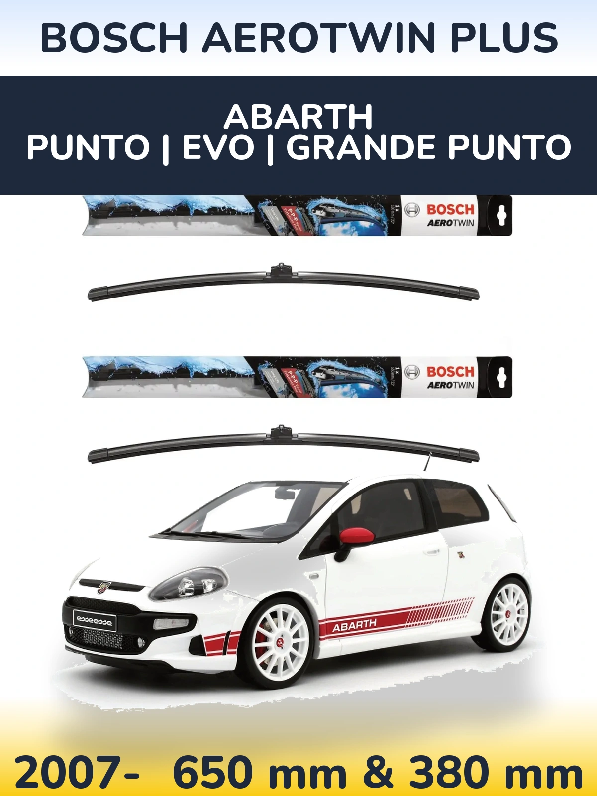 Sada předních stěračů BOSCH AeroTwin Plus 650 a 380 mm pro Abarth Punto | Evo | Grande Punto 2007-2026