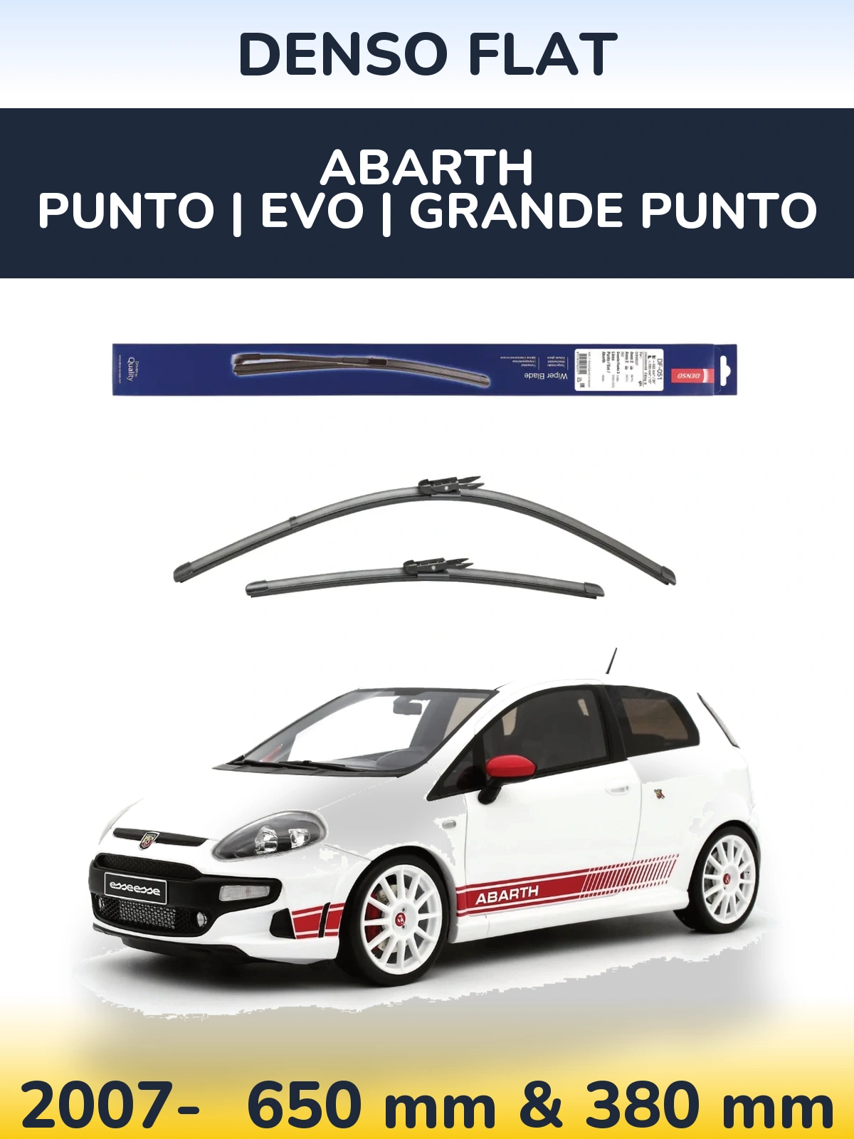 Sada předních stěračů Denso Flat 650 a 380 mm pro Abarth Punto | Evo | Grande Punto 2007-2026