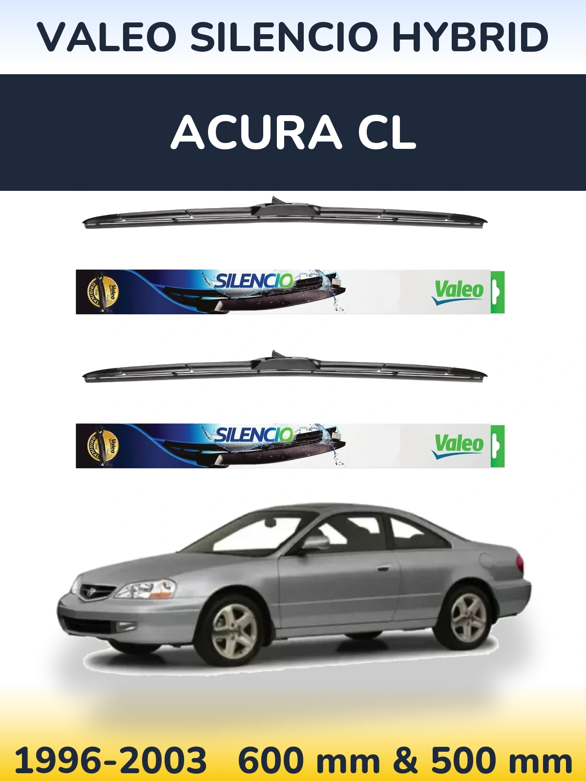 Sada předních stěračů Valeo Silencio Hybrid 600 a 500 mm pro Acura CL 1996-2003