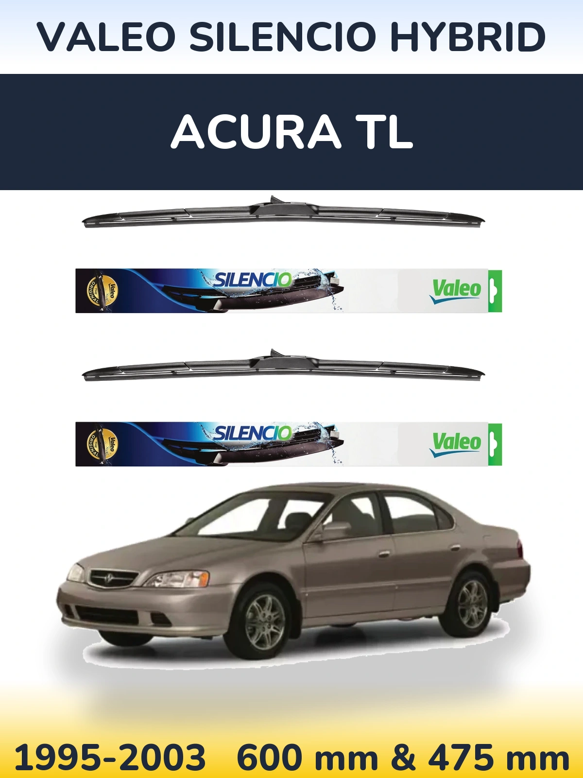 Sada předních stěračů Valeo Silencio Hybrid 600 a 475 mm pro Acura TL 1995-2003