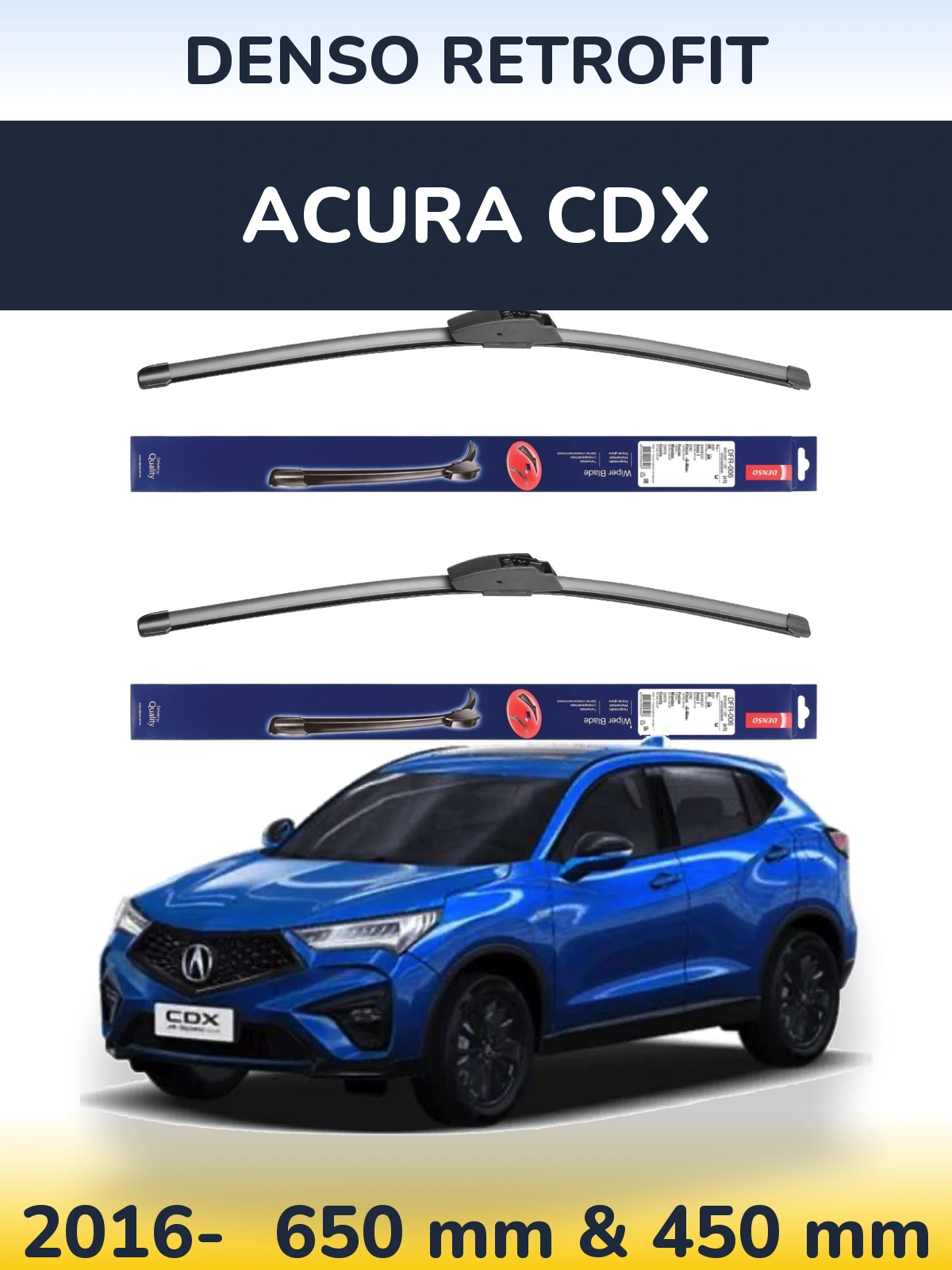 Sada předních stěračů Denso Retrofit 650 a 450 mm pro Acura CDX 2016-2026