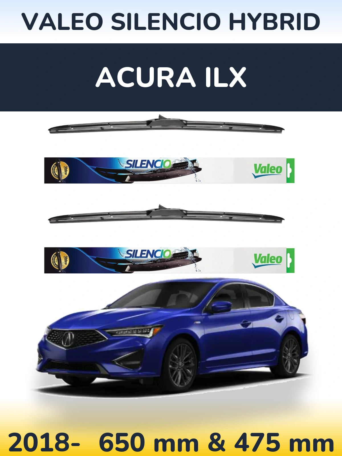 Sada předních stěračů Valeo Silencio Hybrid 650 a 475 mm pro Acura ILX 2018-2026