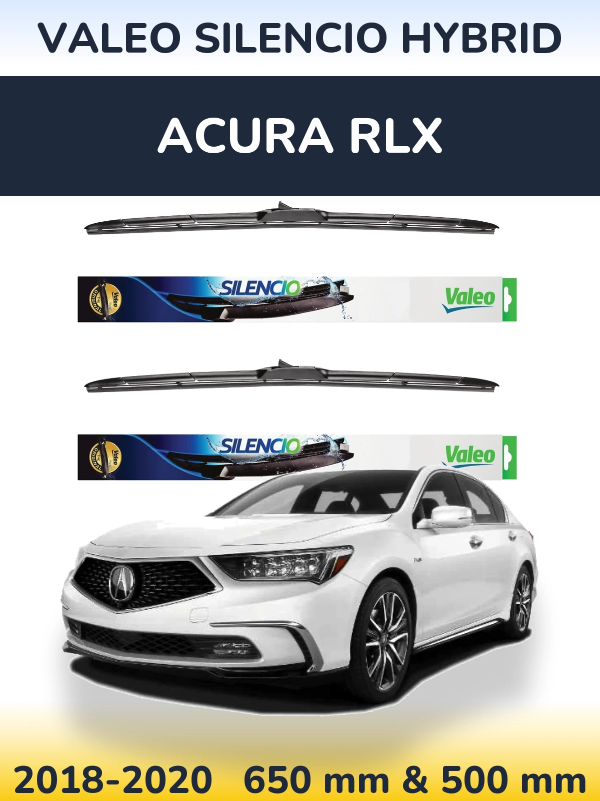 Sada předních stěračů Valeo Silencio Hybrid 650 a 500 mm pro Acura RLX 2018-2020