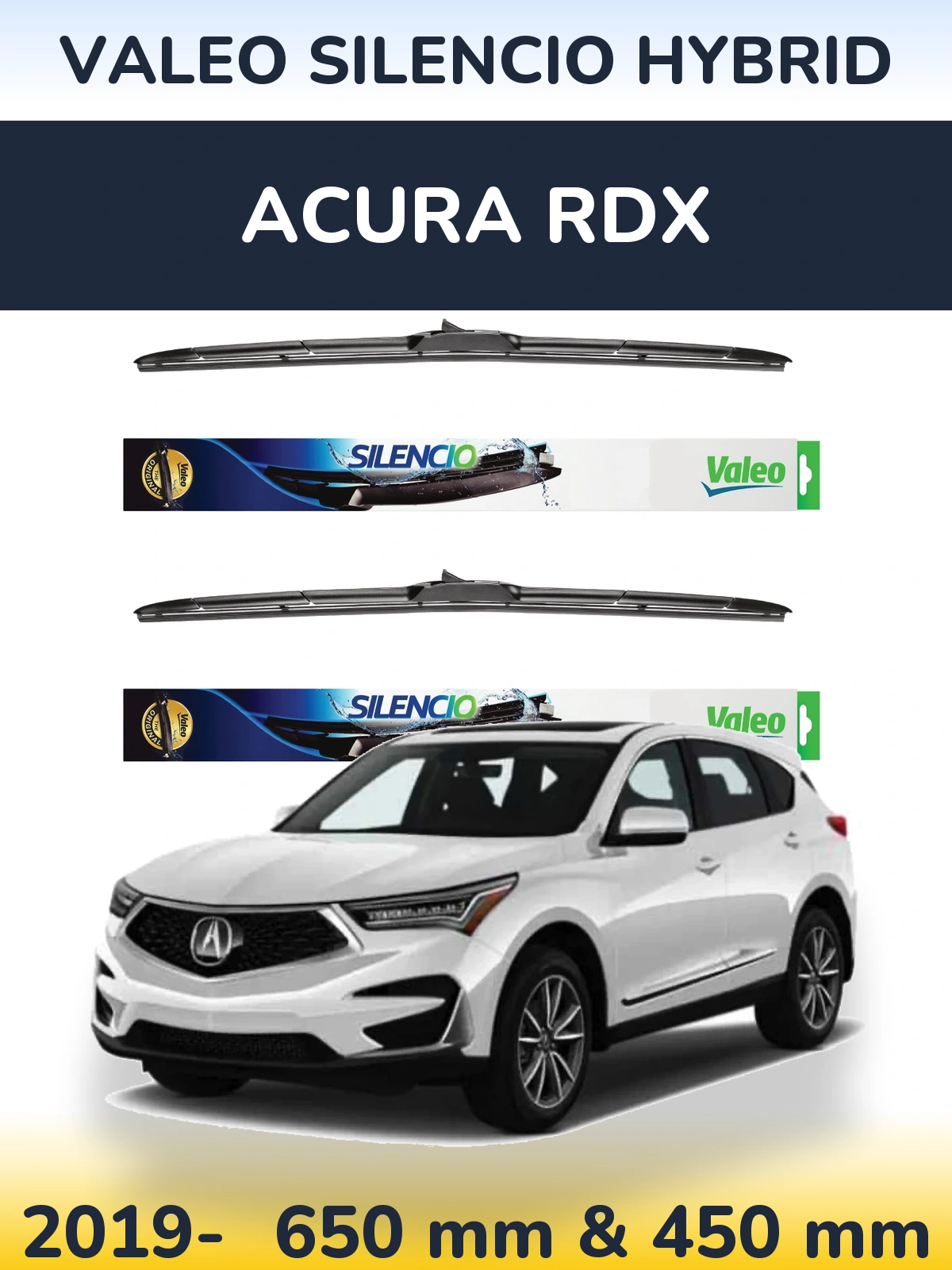 Sada předních stěračů Valeo Silencio Hybrid 650 a 450 mm pro Acura RDX 2019-2026