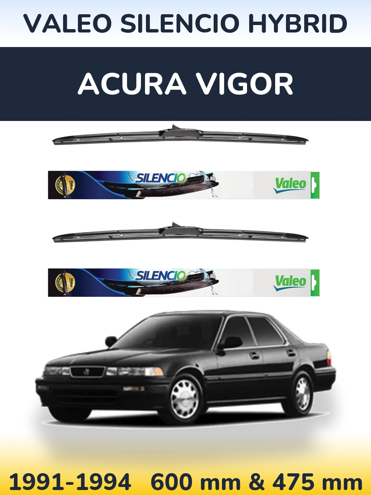 Sada předních stěračů Valeo Silencio Hybrid 600 a 475 mm pro Acura Vigor 1991-1994