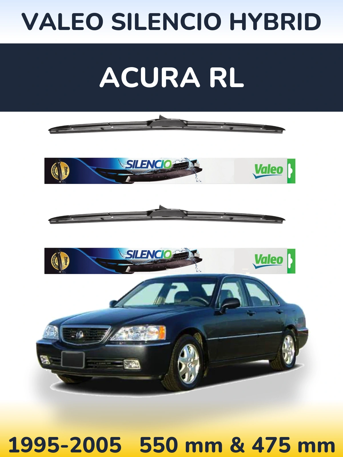 Sada předních stěračů Valeo Silencio Hybrid 550 a 475 mm pro Acura RL 1995-2005