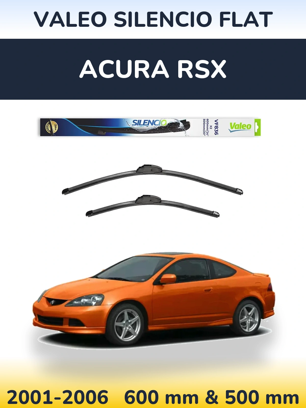 Sada předních stěračů Valeo Silencio Flat 600 a 500 mm pro Acura RSX 2001-2006