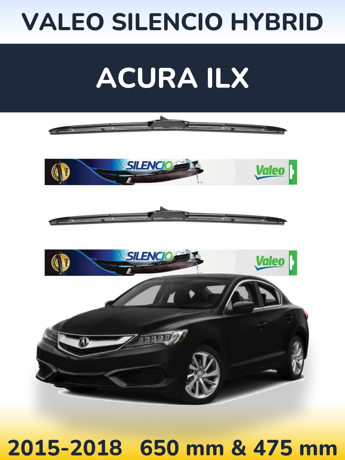 Sada předních stěračů Valeo Silencio Hybrid 650 a 475 mm pro Acura ILX 2015-2018