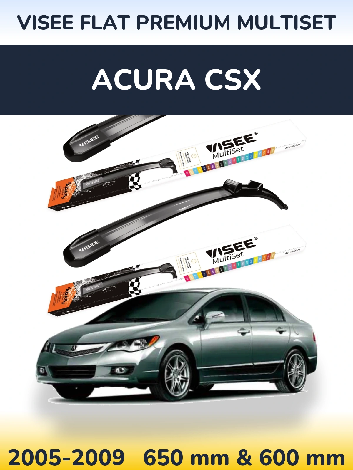 Комплект передніх щіток VISEE FLAT PREMIUM MultiSet 650 & 600 мм для Acura CSX 2005-2009