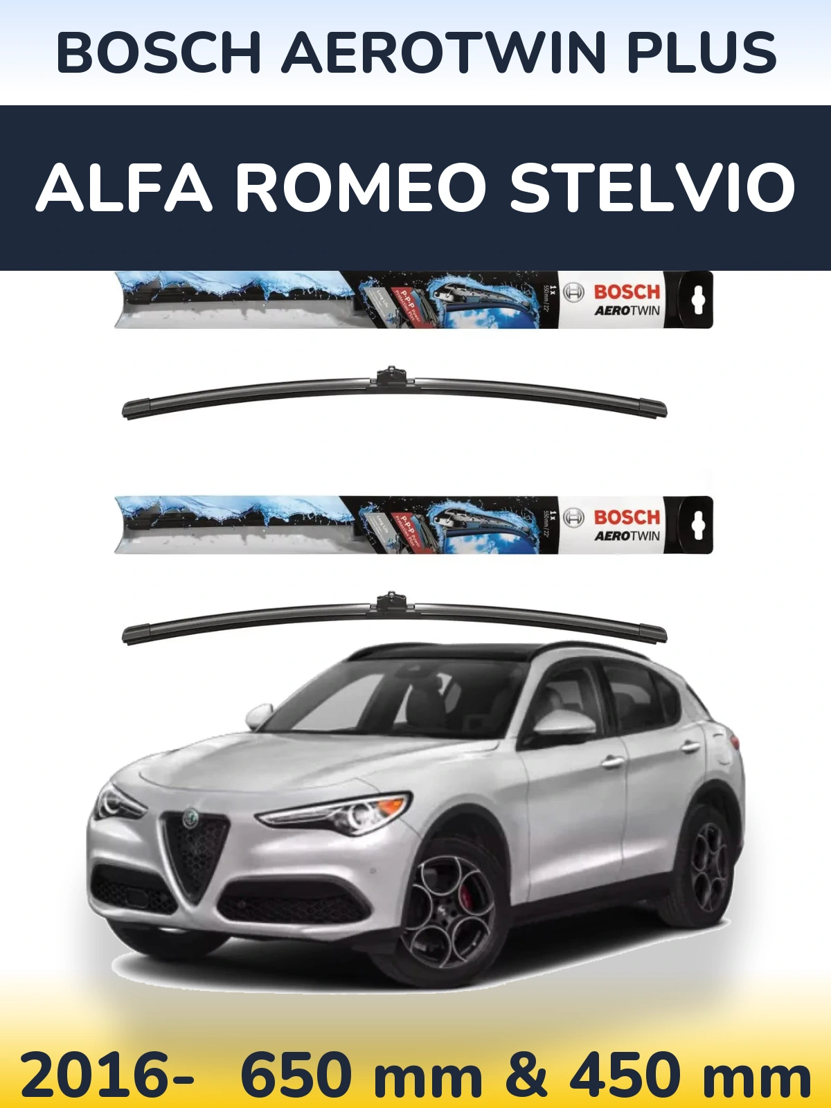 Sada předních stěračů BOSCH AeroTwin Plus 650 a 450 mm pro Alfa Romeo Stelvio 2016-2026