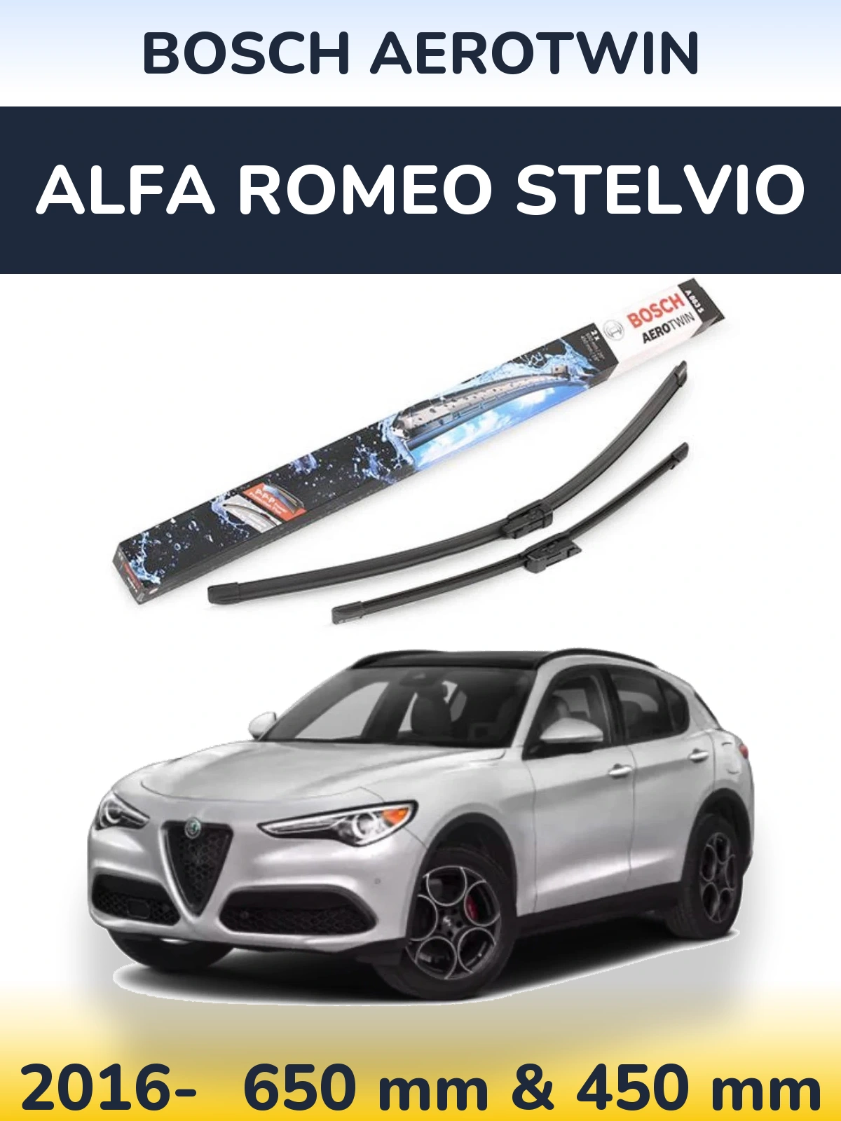 Sada předních stěračů BOSCH AeroTwin 650 a 450 mm pro Alfa Romeo Stelvio 2016-2026