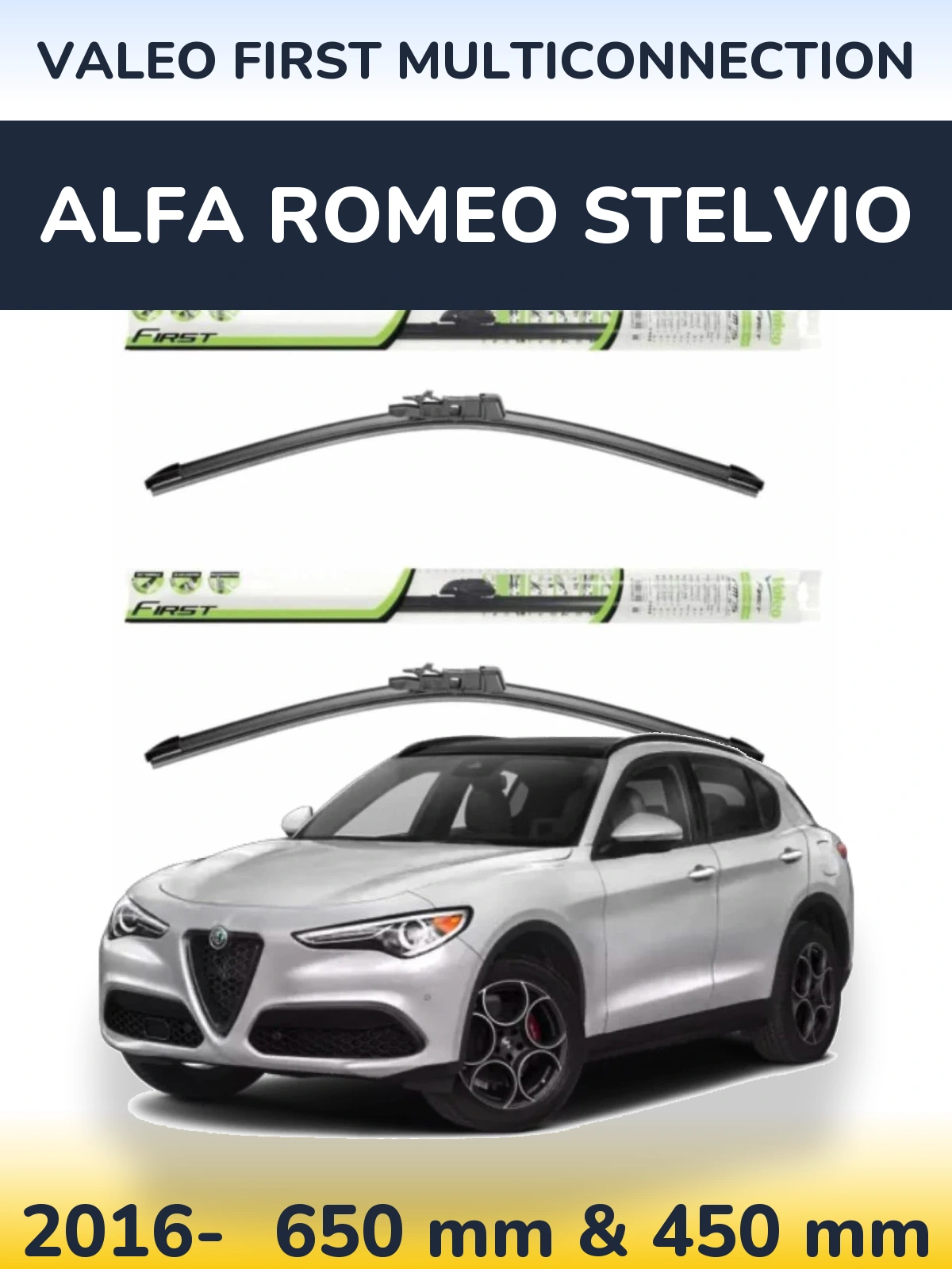 Sada předních stěračů Valeo First MultiConnection 650 a 450 mm pro Alfa Romeo Stelvio 2016-2026