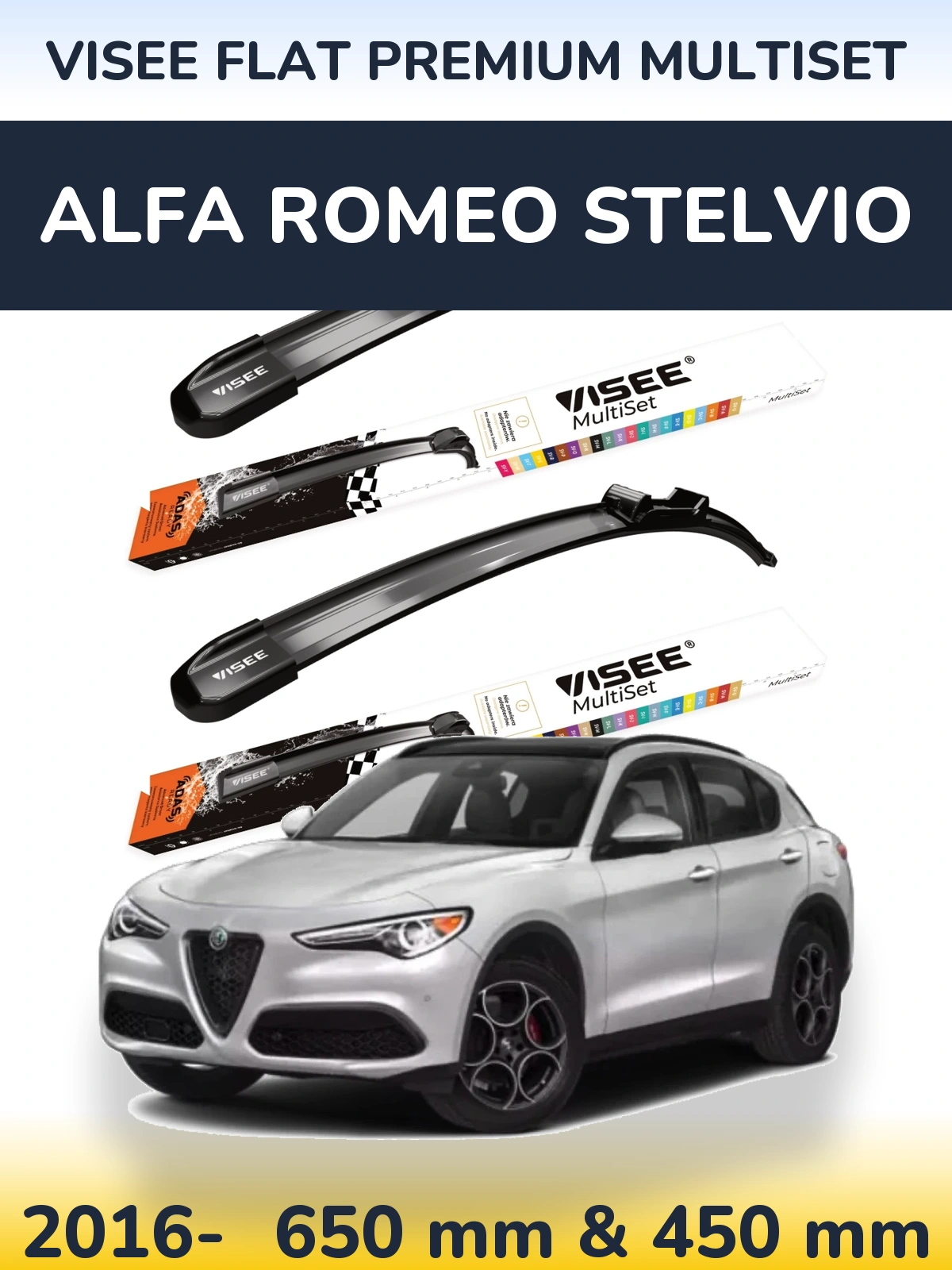 Sada předních stěračů VISEE FLAT PREMIUM MultiSet 650 a 450 mm pro Alfa Romeo Stelvio 2016-2026