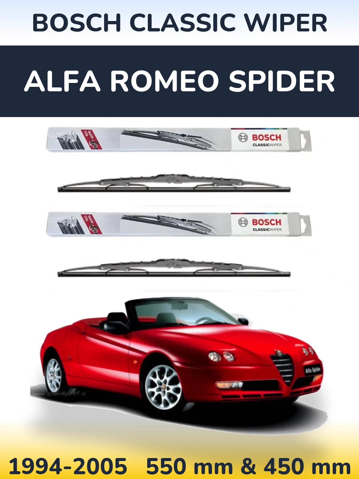 Sada předních stěračů BOSCH Classic Wiper 550 a 450 mm pro Alfa Romeo Spider 1994-2005