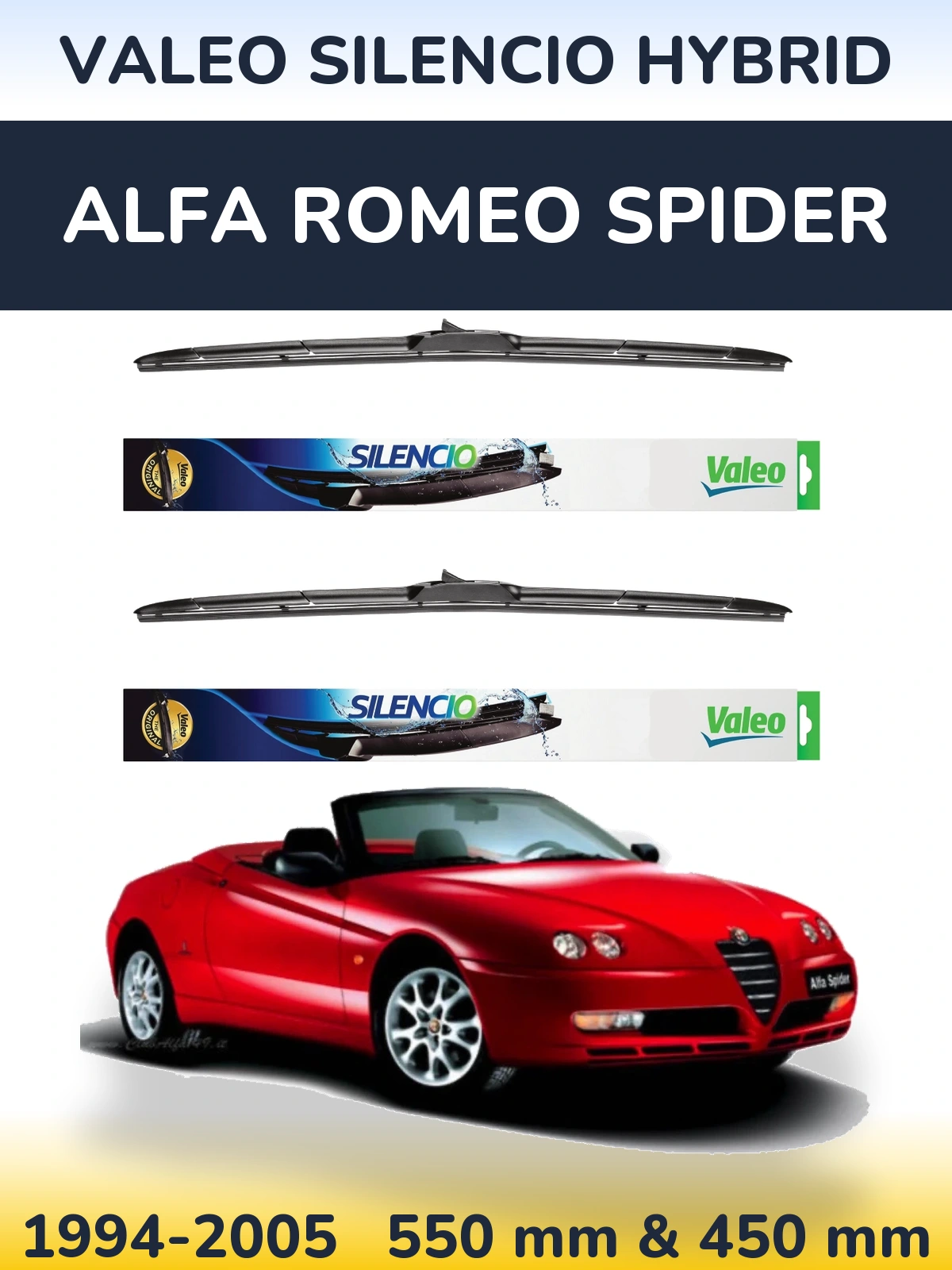 Sada předních stěračů Valeo Silencio Hybrid 550 a 450 mm pro Alfa Romeo Spider 1994-2005