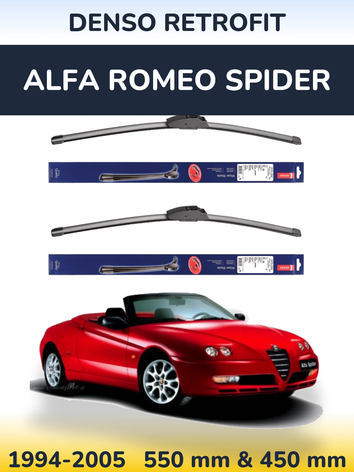 Sada předních stěračů Denso Retrofit 550 a 450 mm pro Alfa Romeo Spider 1994-2005