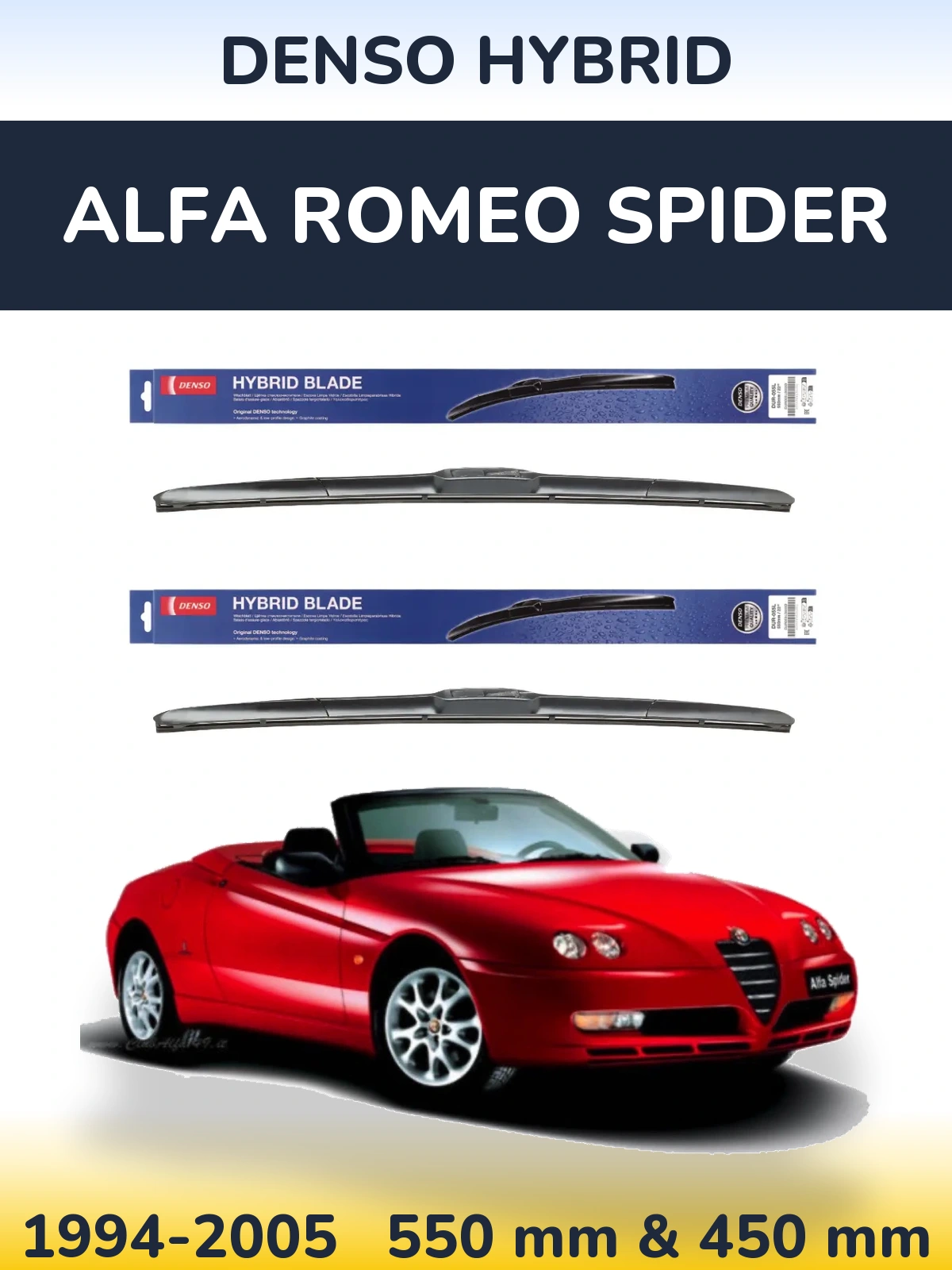 Sada předních stěračů Denso Hybrid 550 a 450 mm pro Alfa Romeo Spider 1994-2005