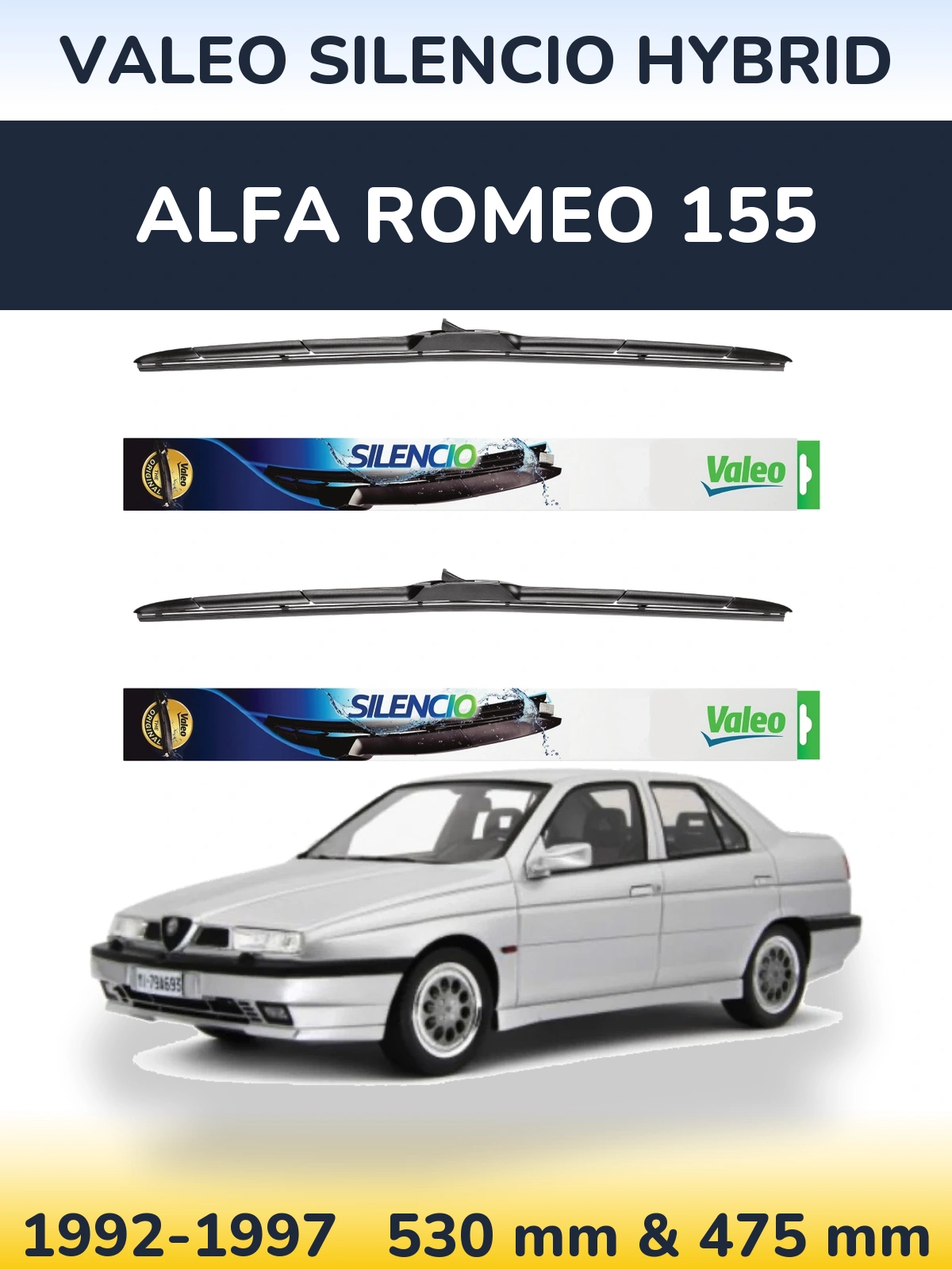Sada předních stěračů Valeo Silencio Hybrid 530 a 475 mm pro Alfa Romeo 155 1992-1997