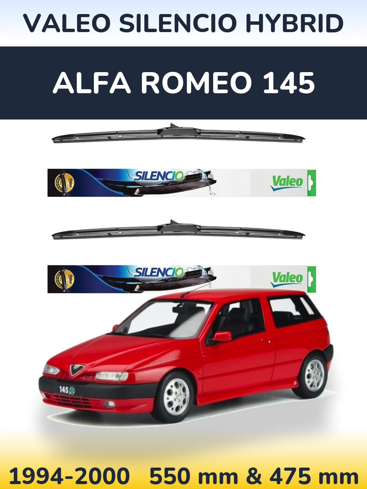 Sada předních stěračů Valeo Silencio Hybrid 550 a 475 mm pro Alfa Romeo 145 1994-2000