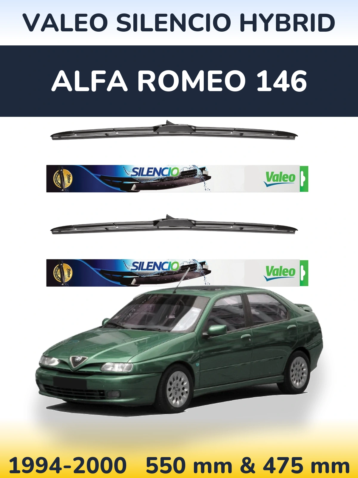 Sada předních stěračů Valeo Silencio Hybrid 550 a 475 mm pro Alfa Romeo 146 1994-2000