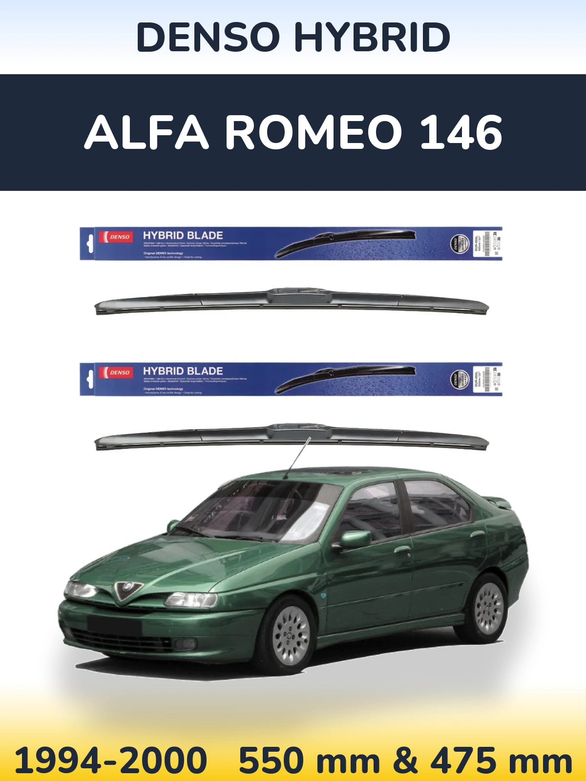 Sada předních stěračů Denso Hybrid 550 a 475 mm pro Alfa Romeo 146 1994-2000