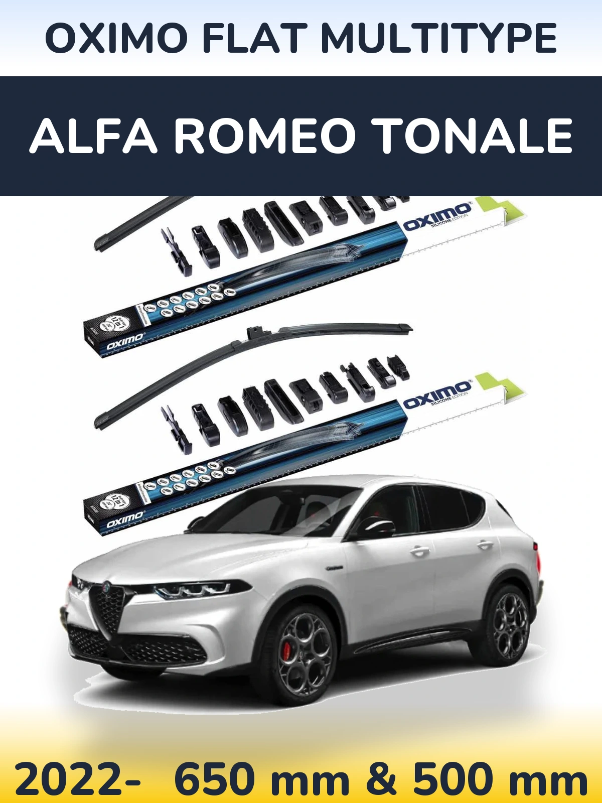 Sada předních stěračů Oximo Flat MultiType 650 a 500 mm pro Alfa Romeo Tonale 2022-2026