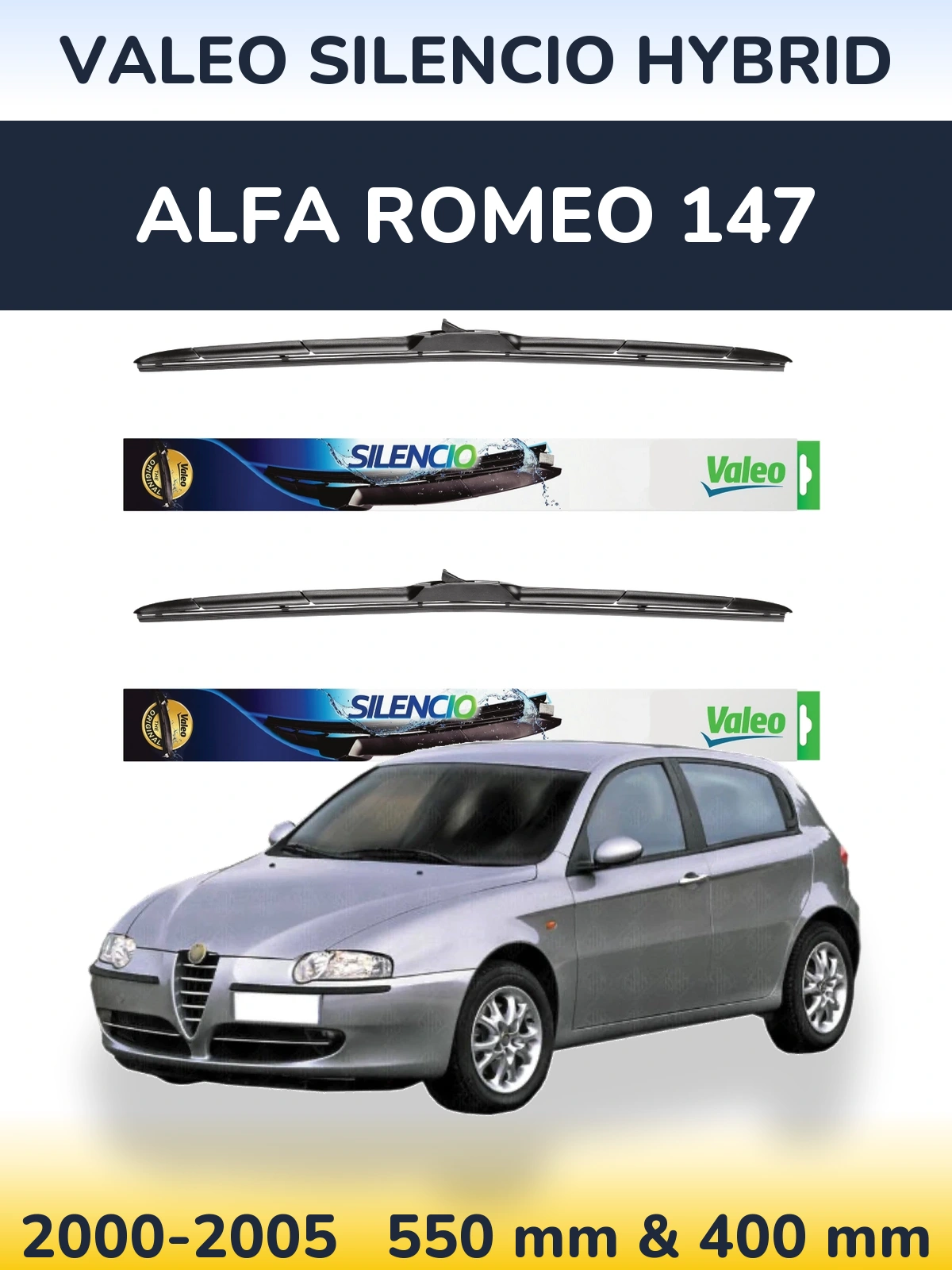 Sada předních stěračů Valeo Silencio Hybrid 550 a 400 mm pro Alfa Romeo 147 2000-2005