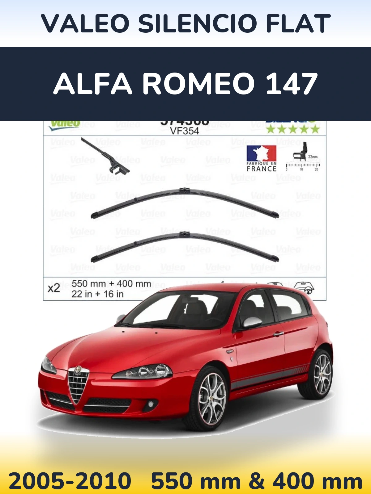 Sada předních stěračů Valeo Silencio Flat 550 a 400 mm pro Alfa Romeo 147 2005-2010