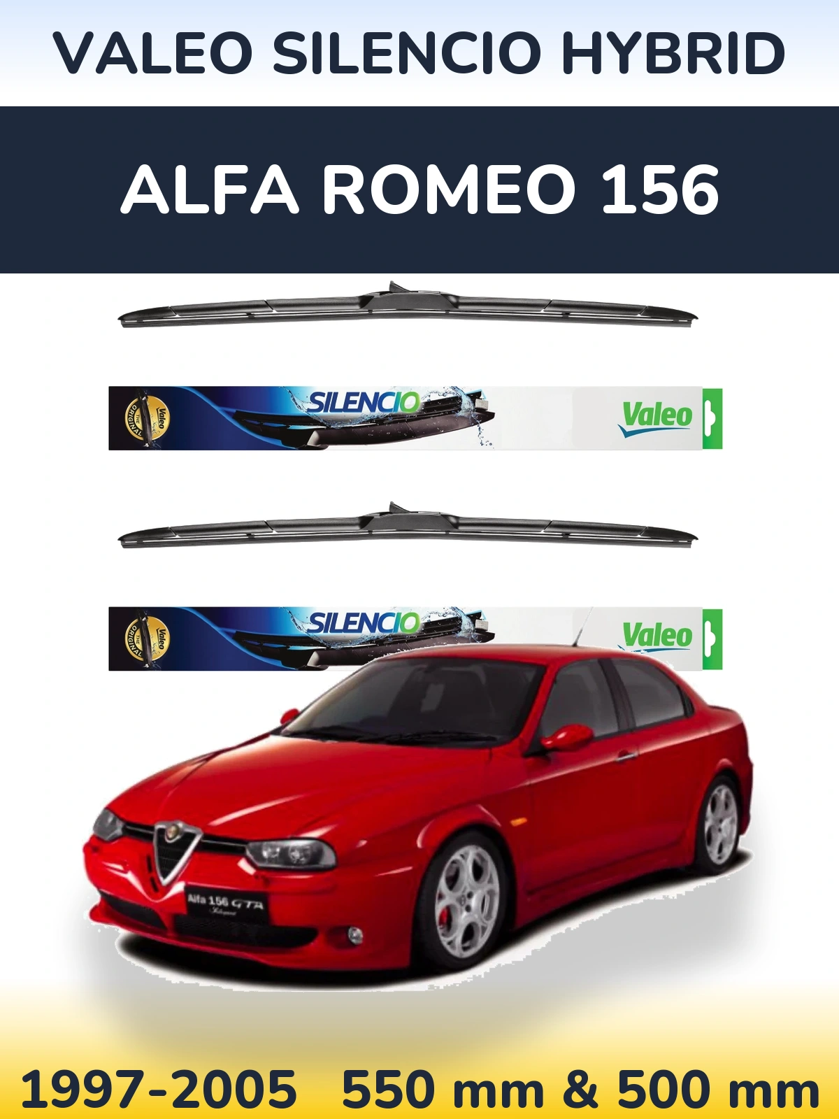 Sada předních stěračů Valeo Silencio Hybrid 550 a 500 mm pro Alfa Romeo 156 1997-2005