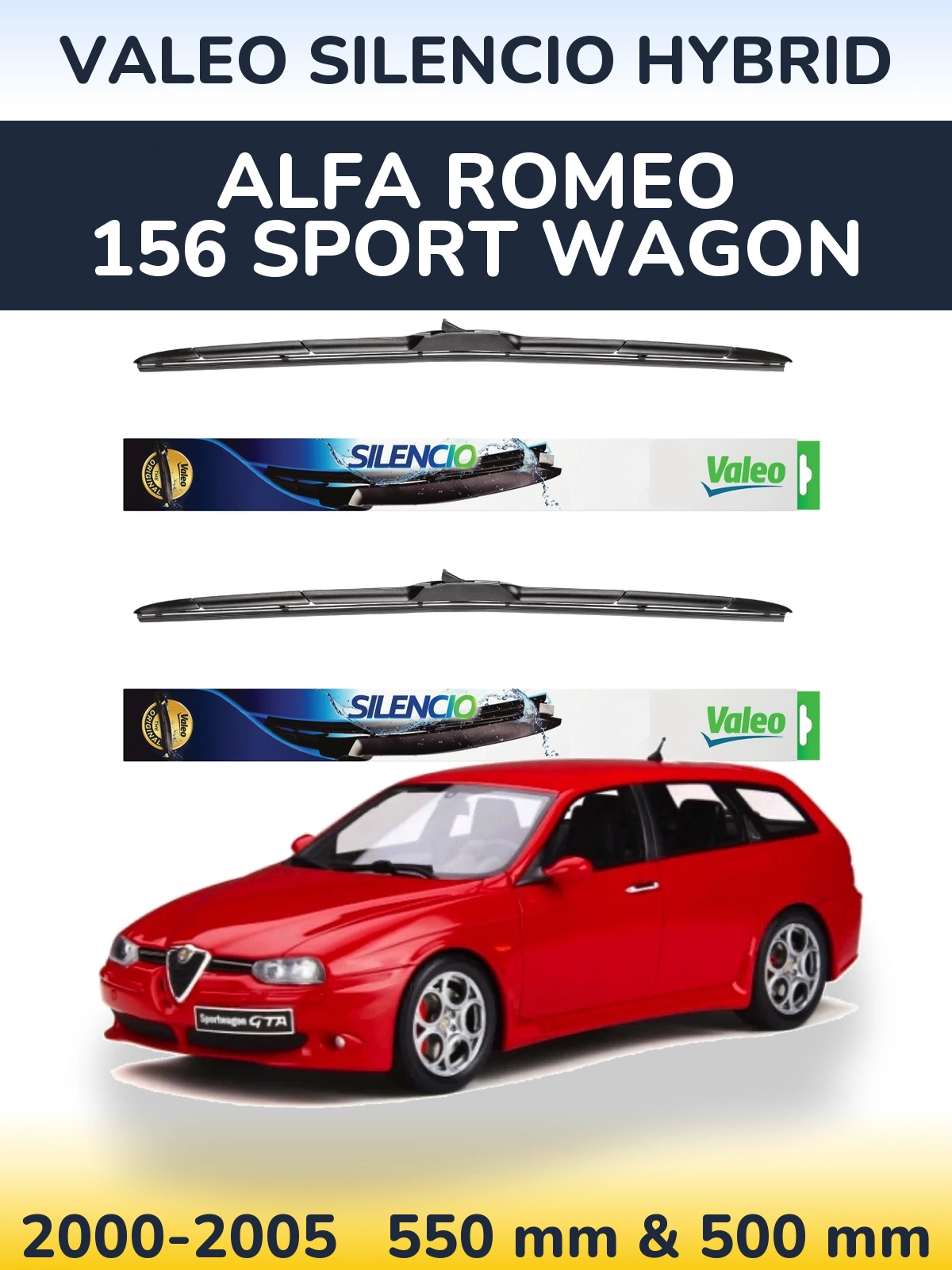 Sada předních stěračů Valeo Silencio Hybrid 550 a 500 mm pro Alfa Romeo 156 Sport Wagon 2000-2005