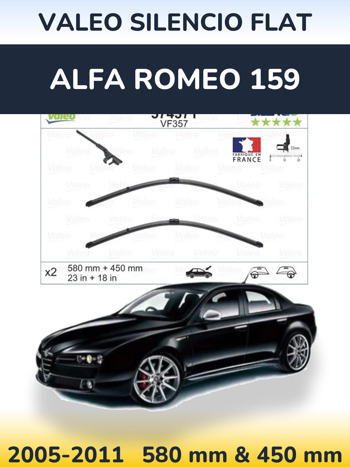 Sada předních stěračů Valeo Silencio Flat 580 a 450 mm pro Alfa Romeo 159 2005-2011