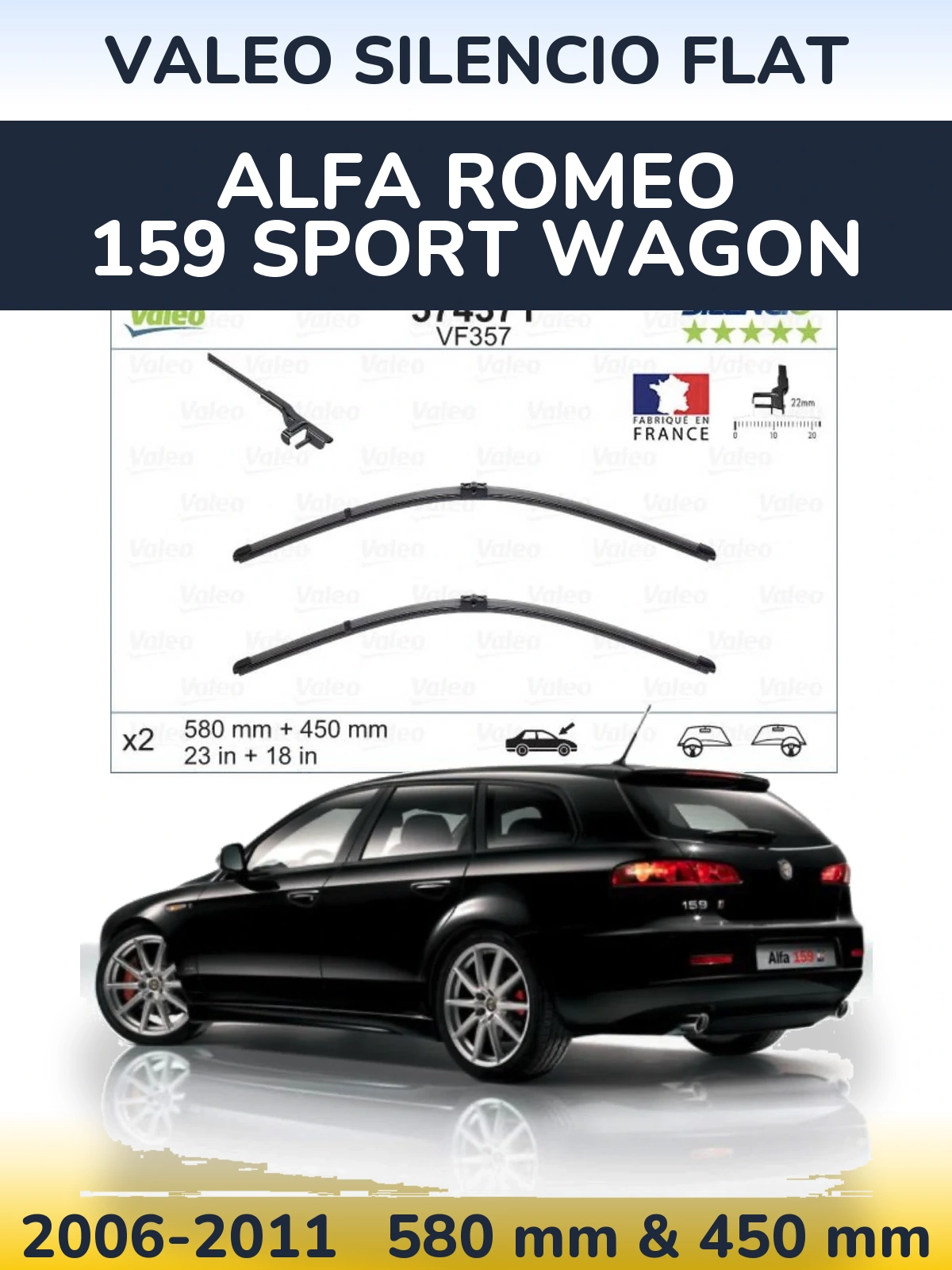 Sada předních stěračů Valeo Silencio Flat 580 a 450 mm pro Alfa Romeo 159 Sport Wagon 2006-2011