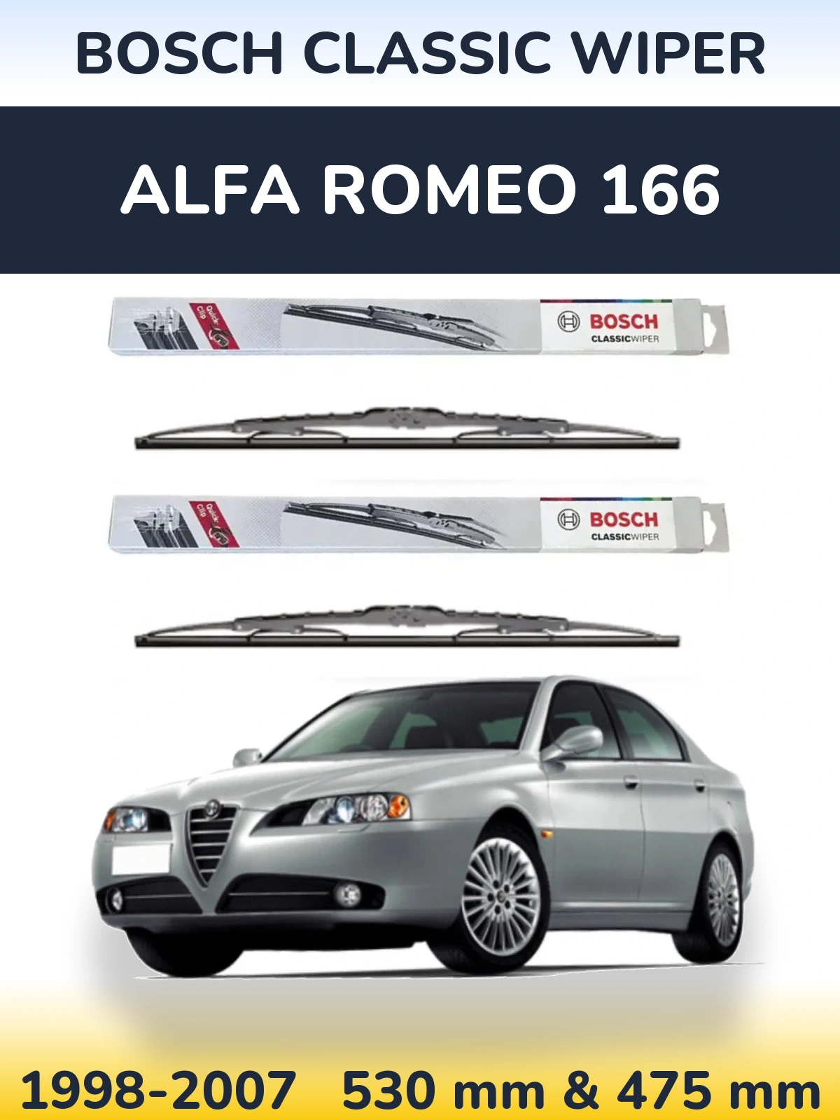Sada předních stěračů BOSCH Classic Wiper 530 a 475 mm pro Alfa Romeo 166 1998-2007