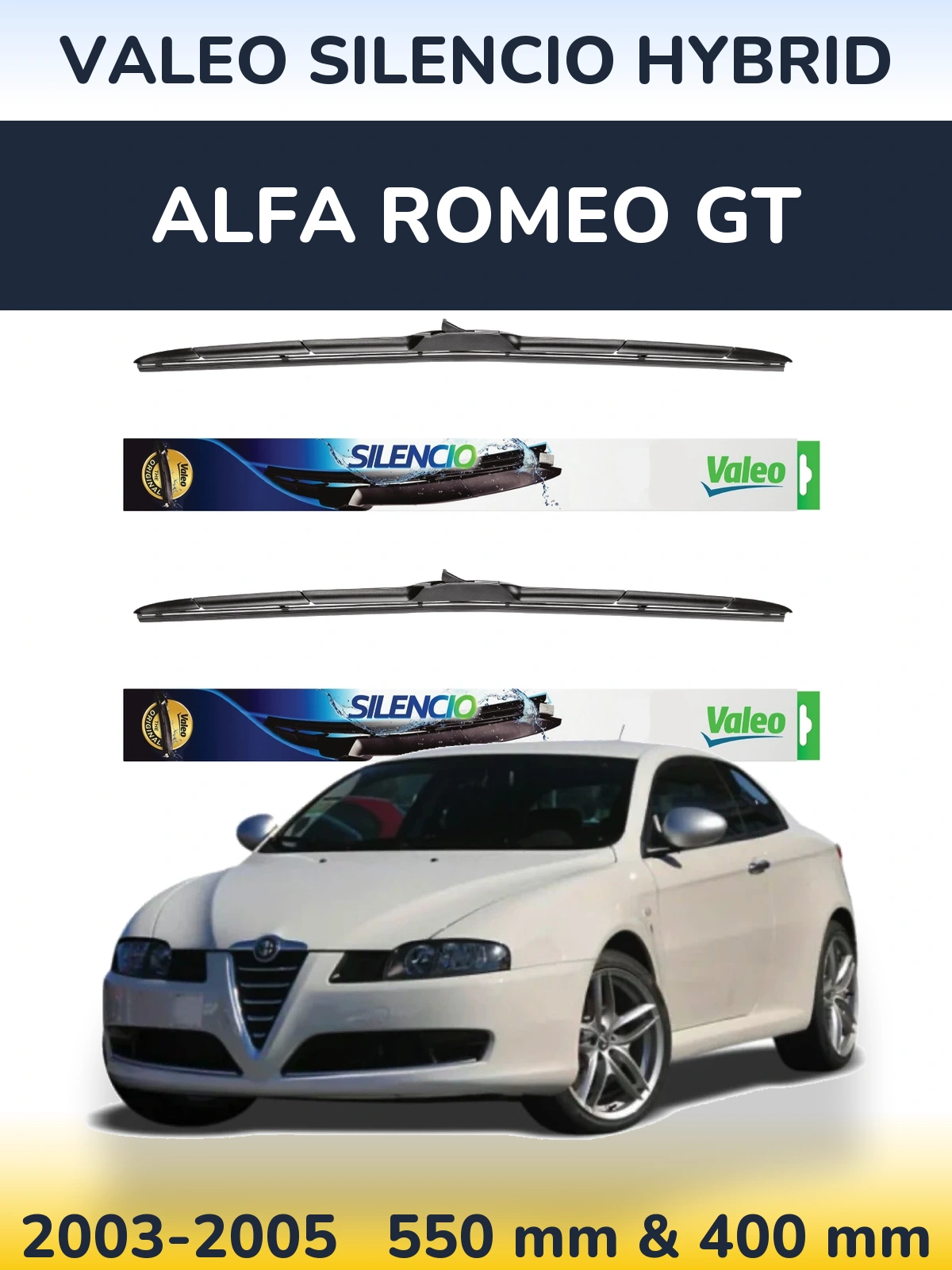 Sada předních stěračů Valeo Silencio Hybrid 550 a 400 mm pro Alfa Romeo GT 2003-2005