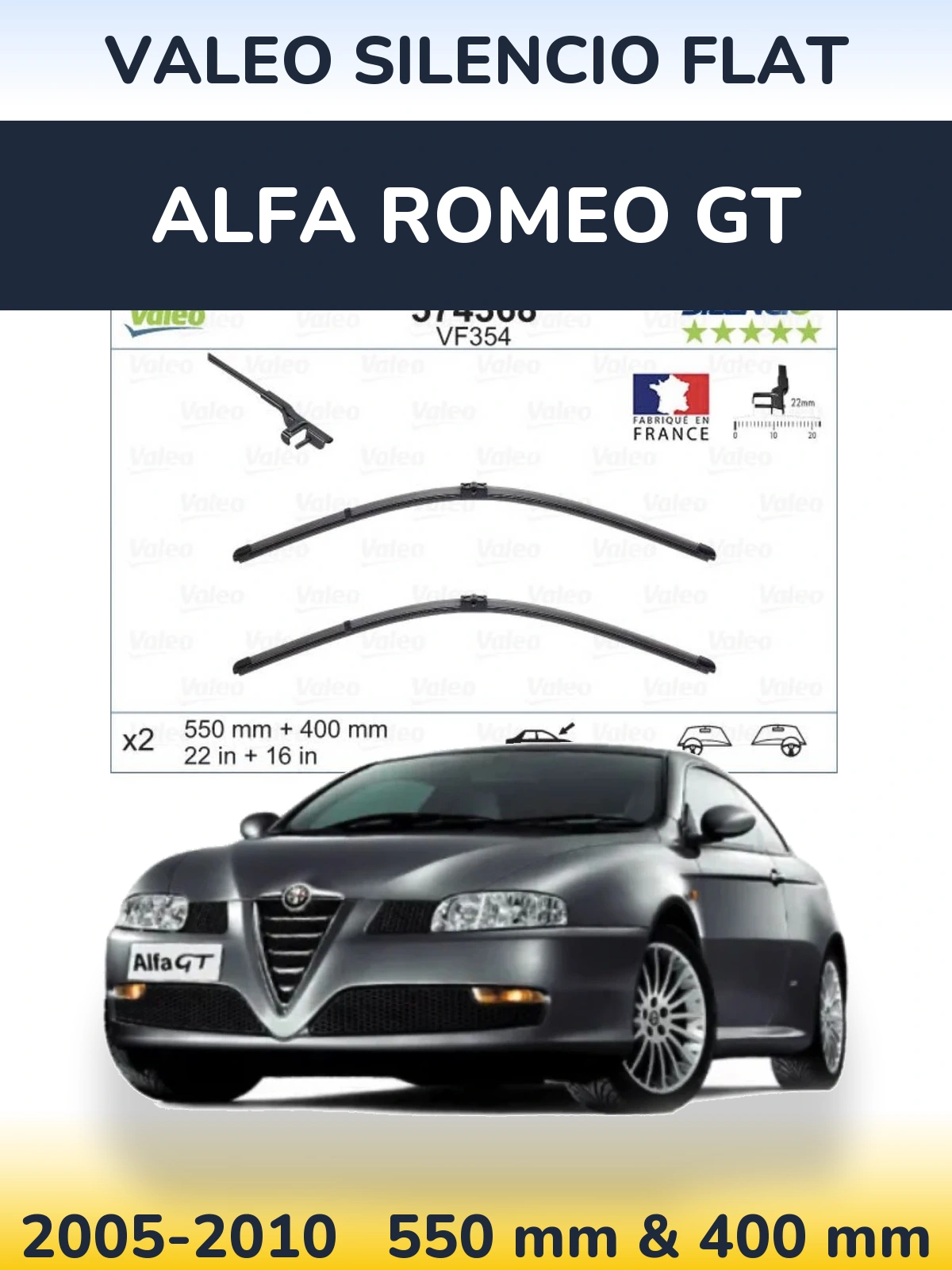 Sada předních stěračů Valeo Silencio Flat 550 a 400 mm pro Alfa Romeo GT 2005-2010