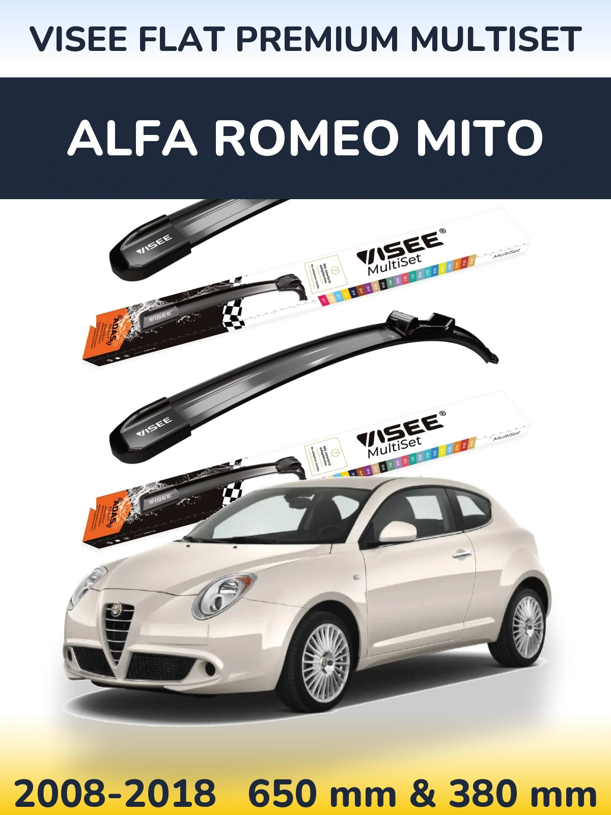 Комплект передніх щіток VISEE FLAT PREMIUM MultiSet 650 & 380 мм для Alfa Romeo MiTo 2008-2018