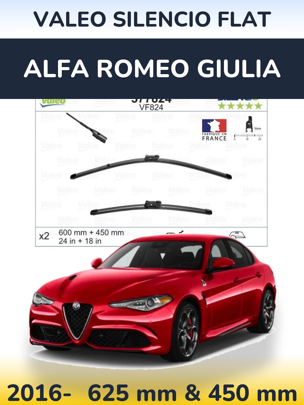 Sada předních stěračů Valeo Silencio Flat 600 a 450 mm pro Alfa Romeo Giulia 2016-2026