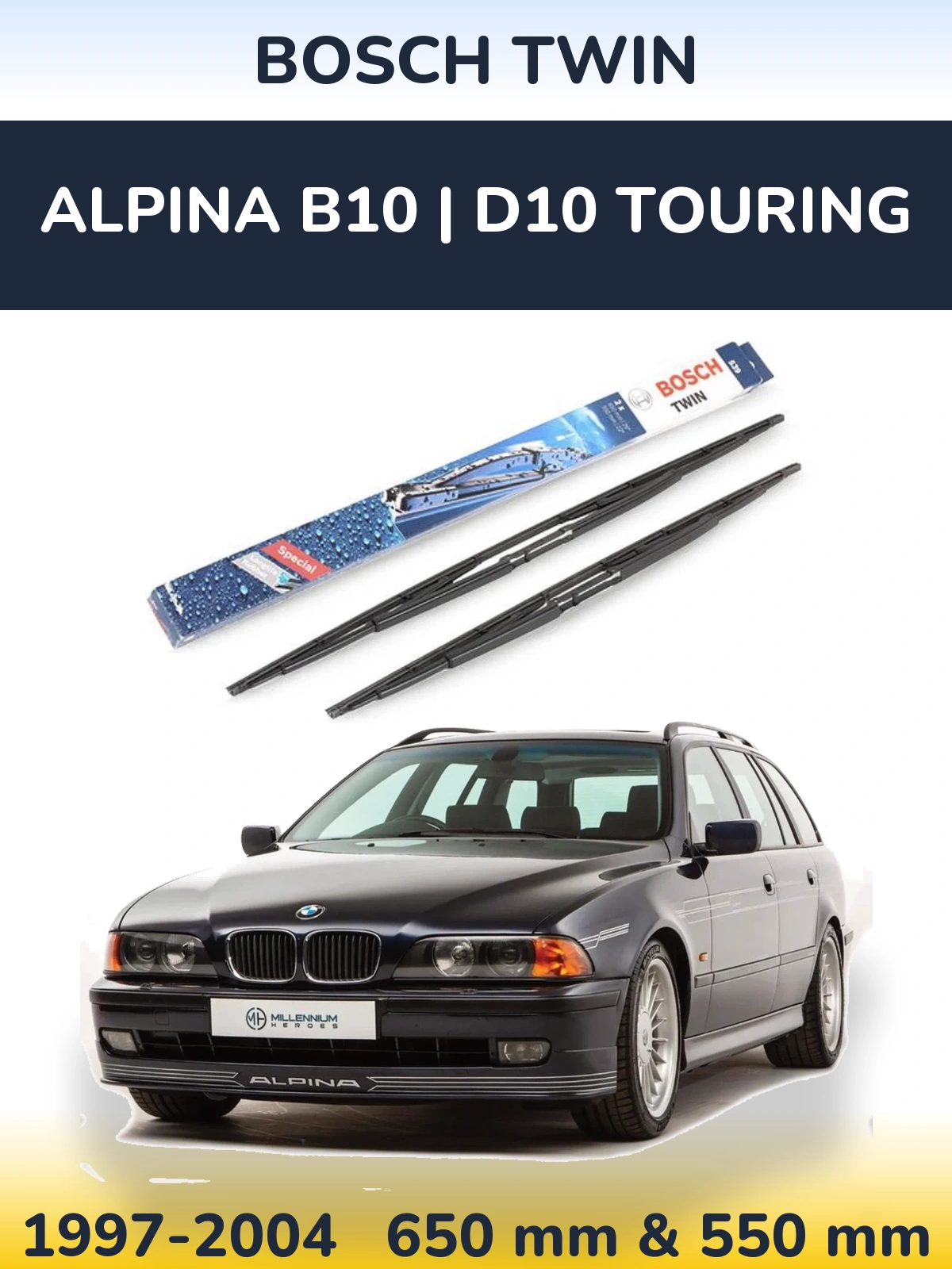 Sada předních stěračů BOSCH Twin 650 a 550 mm pro Alpina B10 | D10 Touring 1997-2004