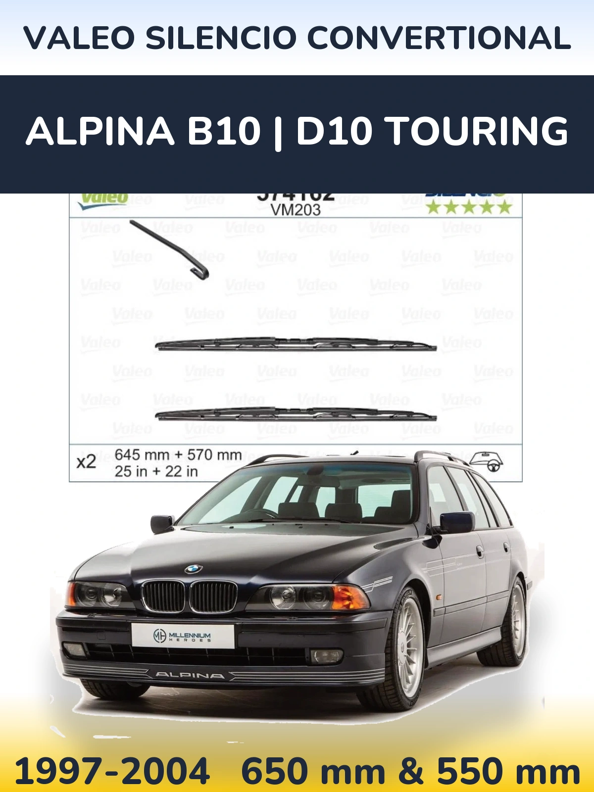 Sada předních stěračů Valeo Silencio Convertional 645 a 570 mm pro Alpina B10 | D10 Touring 1997-2004