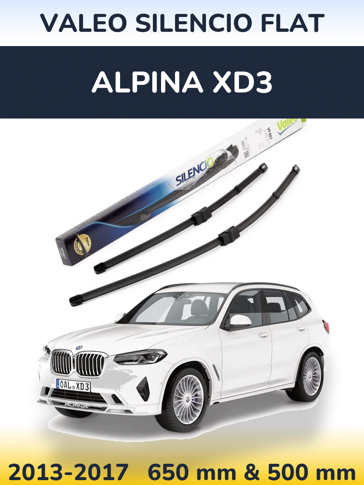 Sada předních stěračů Valeo Silencio Flat 650 a 500 mm pro Alpina XD3 2013-2017
