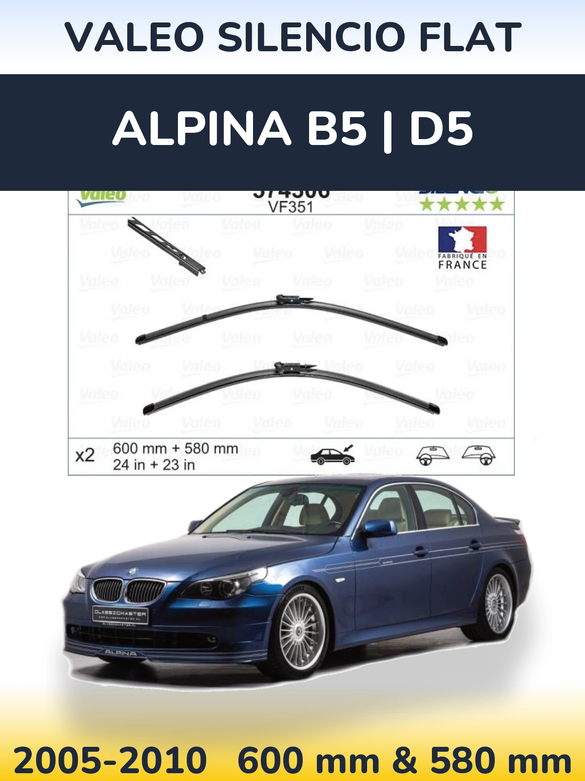 Sada předních stěračů Valeo Silencio Flat 600 a 580 mm pro Alpina B5 | D5 2005-2010
