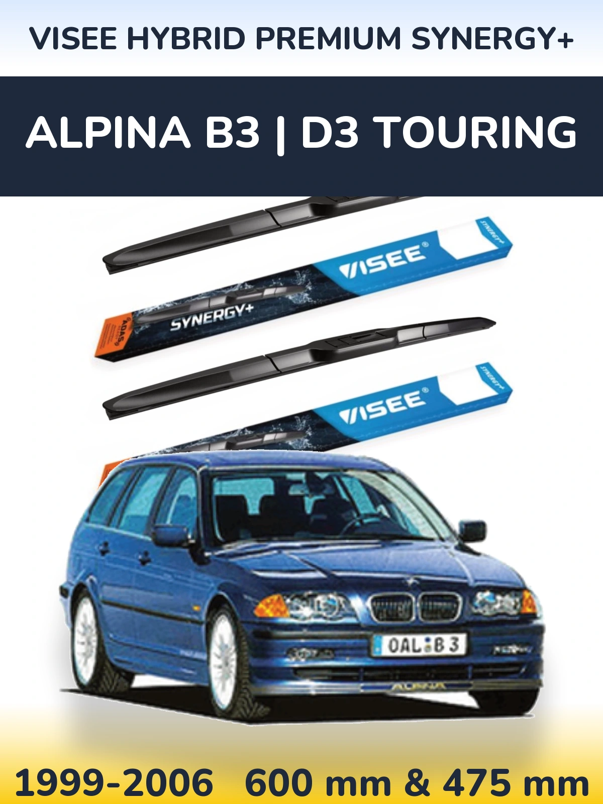 Sada předních stěračů VISEE HYBRID PREMIUM SYNERGY+ 600 a 475 mm pro Alpina B3 | D3 Touring 1999-2006