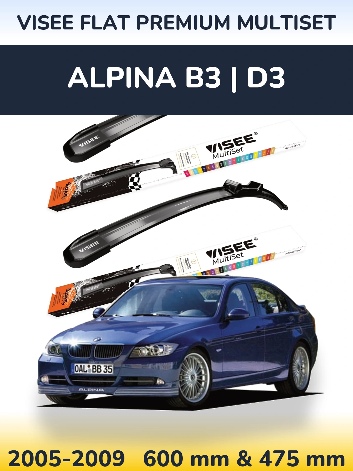 Sada předních stěračů VISEE FLAT PREMIUM MultiSet 600 a 475 mm pro Alpina B3 | D3 2005-2009