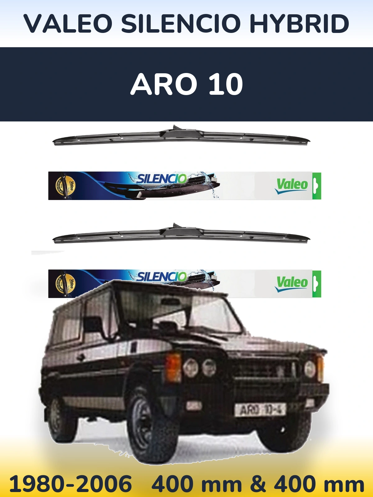 Sada předních stěračů Valeo Silencio Hybrid 400 a 400 mm pro ARO 10 1980-2006