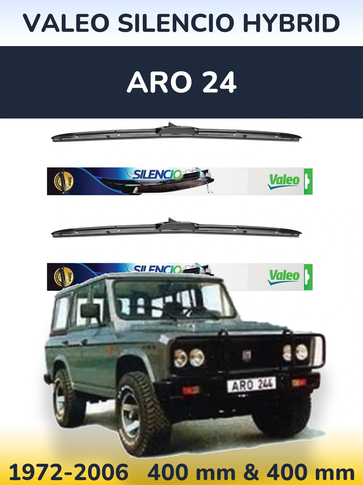 Sada předních stěračů Valeo Silencio Hybrid 400 a 400 mm pro ARO 24 1972-2006