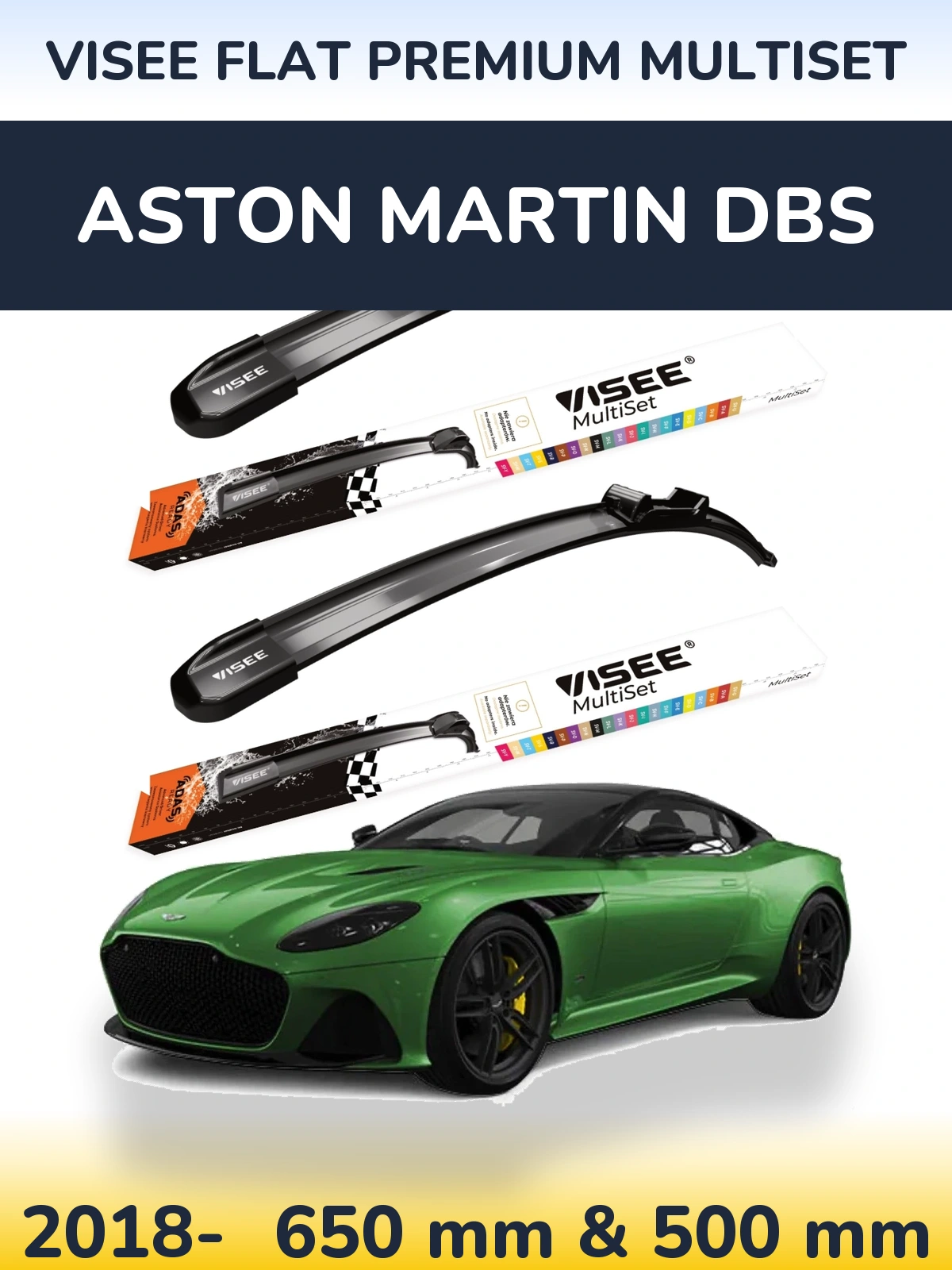 Sada předních stěračů VISEE FLAT PREMIUM MultiSet 650 a 500 mm pro Aston Martin DBS 2018-2026