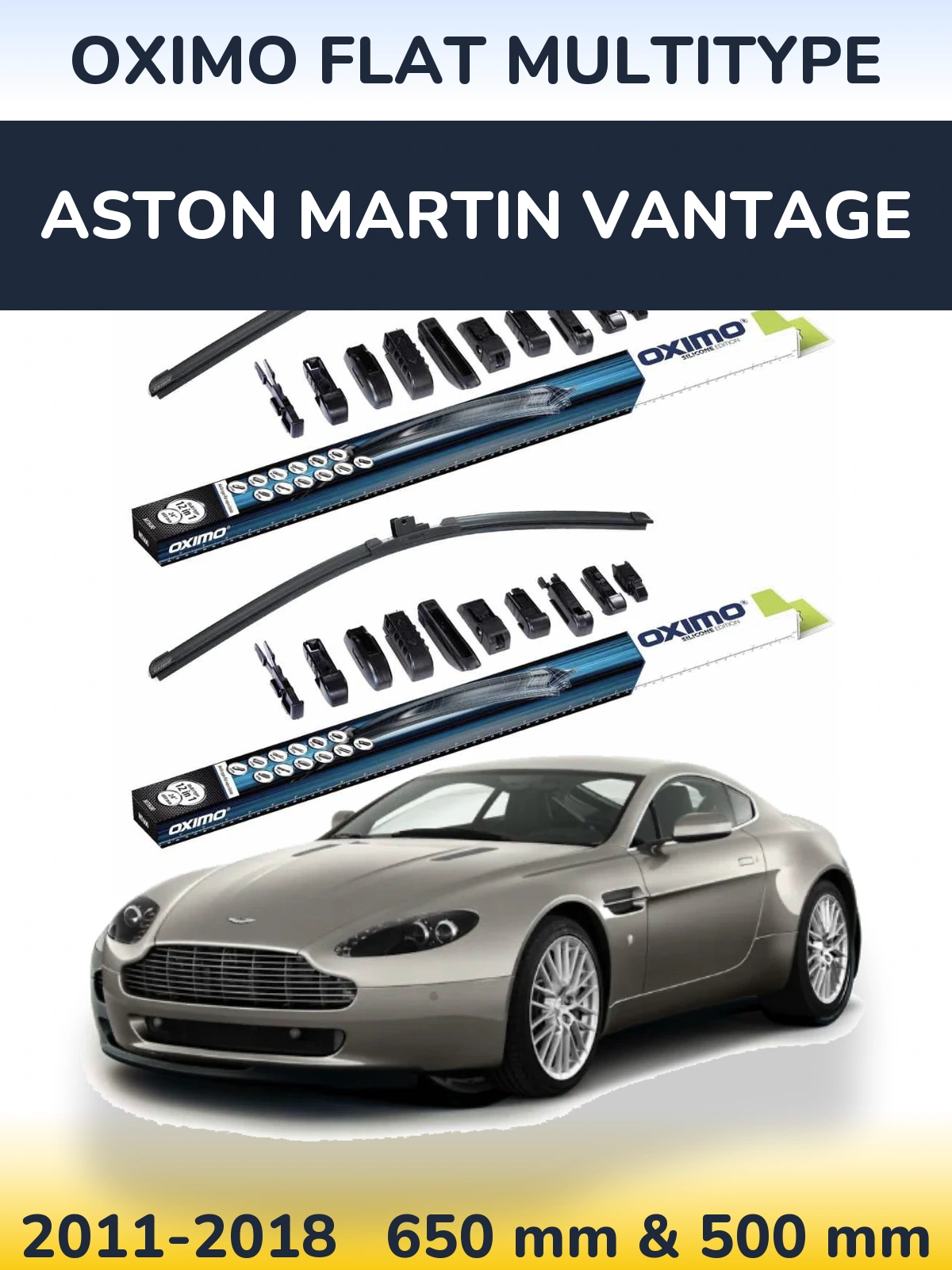 Sada předních stěračů Oximo Flat MultiType 650 a 500 mm pro Aston Martin Vantage 2011-2018