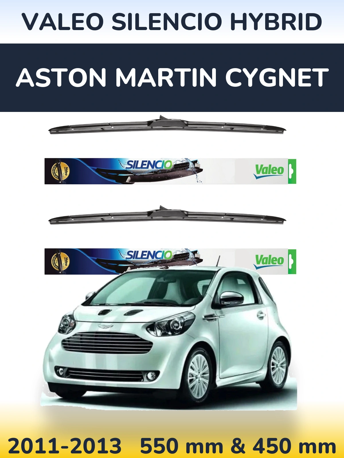 Sada předních stěračů Valeo Silencio Hybrid 550 a 450 mm pro Aston Martin Cygnet 2011-2013
