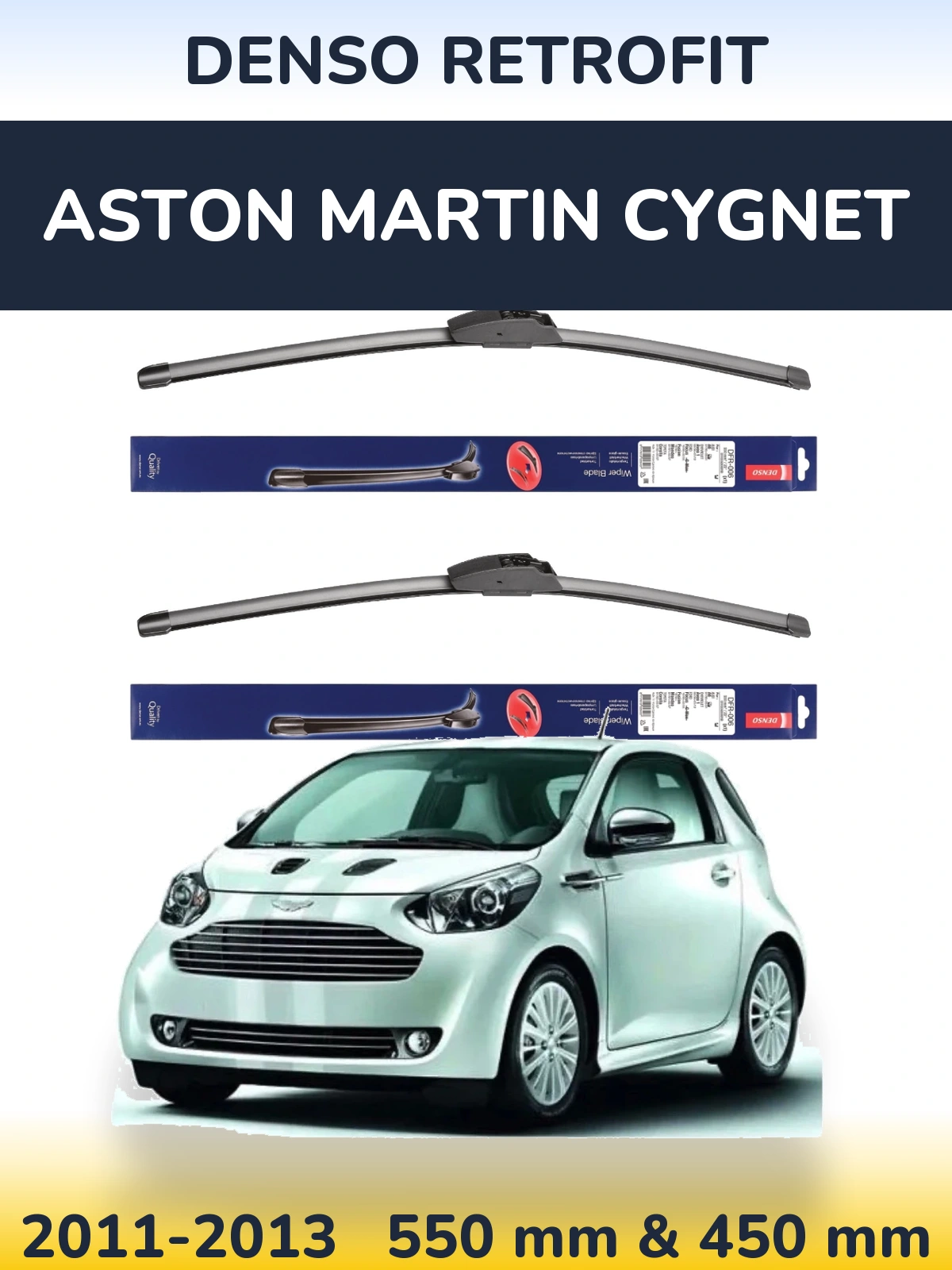 Sada předních stěračů Denso Retrofit 550 a 450 mm pro Aston Martin Cygnet 2011-2013