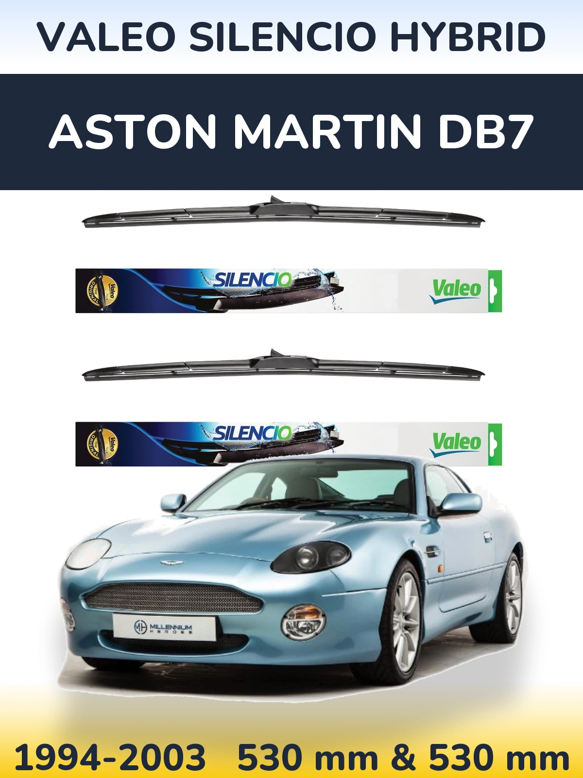 Sada předních stěračů Valeo Silencio Hybrid 530 a 530 mm pro Aston Martin DB7 1994-2003